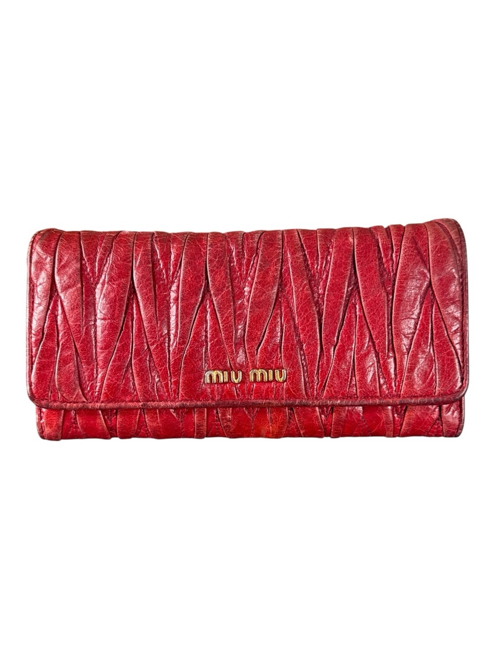 MIU MIU Matelassé Leather Wallet in Rubino Red Napa Lambskin with Gold-Tone Logo
